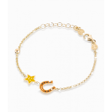 Bracciale Bambino Le Bebè in Oro Giallo Prime Gioie Fortuna stellina e ferro di cavallo in smalto colorato - 14-16cm PMG 037