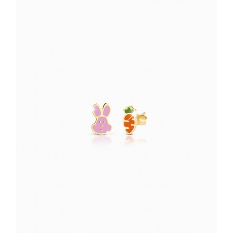 Orecchini Bambina Le Bebè in Oro Giallo collez. Prime Gioie Fortuna con carota e coniglietto smaltate colorate 14-16cm PMG 051