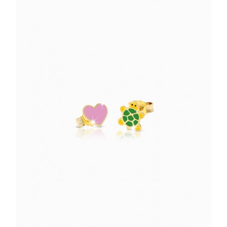Orecchini Bambina Le Bebè in Oro Giallo collezione Prime Gioie Fortuna cuore e tartaruga smaltate colorate PMG 052
