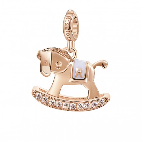 Cavallucio a Dondolo Charm Rosato in argento 925‰, galvanica oro rosa, smalto bianco, 22 zirconi bianchi