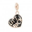 Cuore Charm Rosato in argento 925‰, galvanica oro rosa, smalto nero glitter, 1 zircone nero