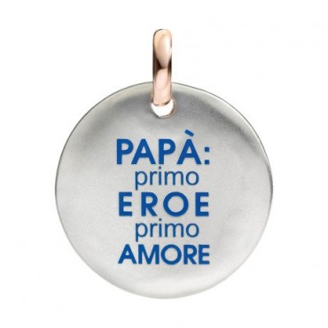Moneta Queriot " Papà: Primo Eroe, primo Amore" in Argento, Oro Rosa 9 Kt e Smalto colorato Blu Chiaro