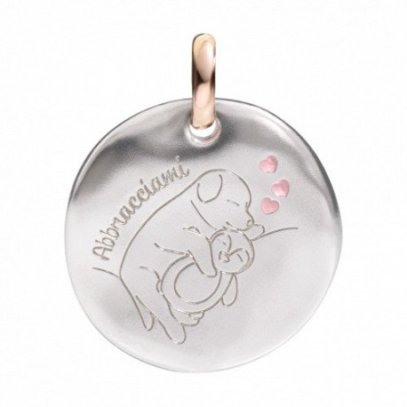 Moneta Queriot " Abbracciami" in Argento, Oro Rosa 9 Kt e Smalto Color Rosa