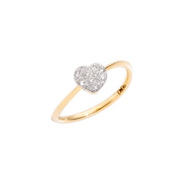 Anello DoDo con cuore piccolo con diamanti bianchi e con gambo ondulato in oro giallo 18K.