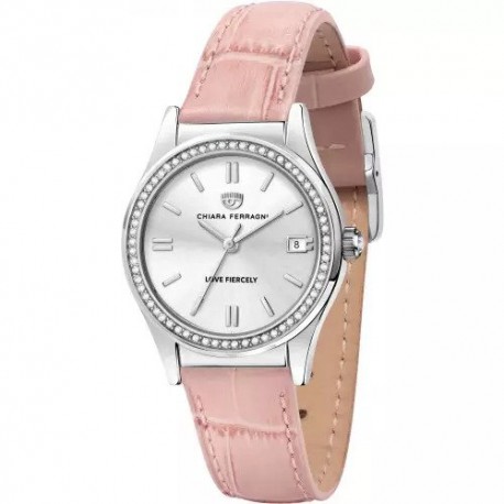 Orologio Donna Chiara Ferragni Collezione Contemporary Cassa 32mm  con Zirconi Quadrante Argento e Cinturino in Pelle Rosa