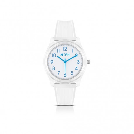 Orologio IAM  Cassa Trasparente in Policarbonato 36mm Quadrante Bianco con dettagli Turchesi, Cinturino in Silicone Trasparente