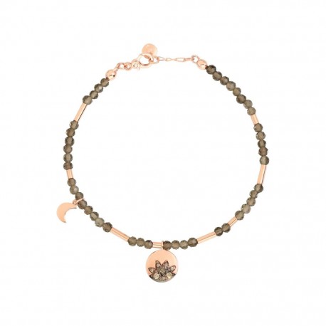 Bracciale Dodo Moon & Sun In Oro Rosa 9k Con Quarzo Fumè, 8 Diamanti Brown E 1 Ciondolo Mini Icon In Oro Rosa 9k