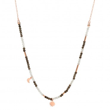 Collana Dodo Moon & Sun In Oro Rosa 9k Con Quarzo Fumè, Adularia E 2 Ciondoli Mini Icon In Oro Rosa 9k.