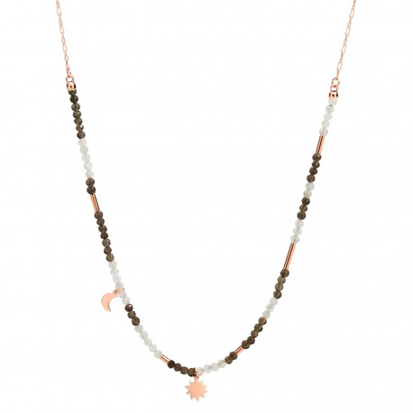 Collana Dodo Moon & Sun In Oro Rosa 9k Con Quarzo Fumè, Adularia E 2 Ciondoli Mini Icon In Oro Rosa 9k.