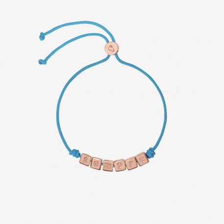 Bracciale Dodo simboli con cordino in poliestere blu e scritta "SEMPRE" in argento dorato oro rosa 18K