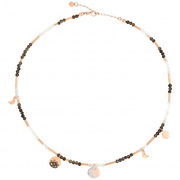 Lungo - Collana Dodo Moon & Sun In Oro Rosa 9k Con Quarzo Fumè, Adularia, 13 Diamanti Bianchi 0,08ct, 8 Diamanti Brown 0,08ct  
