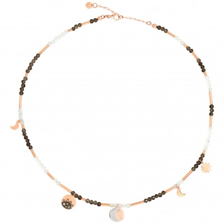 Lungo - Collana Dodo Moon & Sun In Oro Rosa 9k Con Quarzo Fumè, Adularia, 13 Diamanti Bianchi 0,08ct, 8 Diamanti Brown 0,08ct  